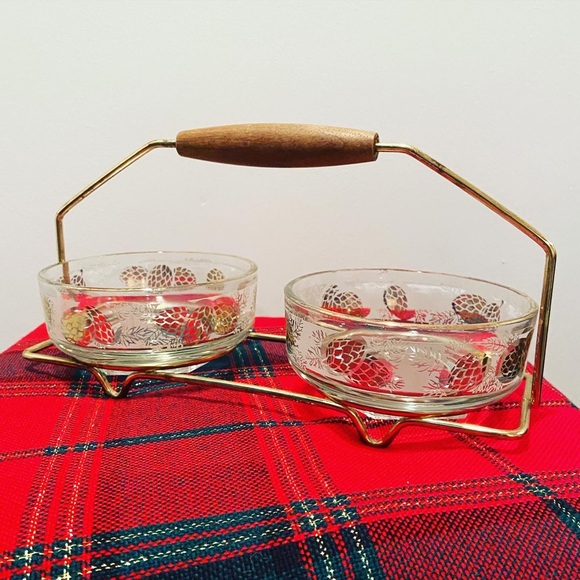 Vintage Mid Century Pine Cone Appetizer Serving Dishes with Caddy - Picture 1 of 7